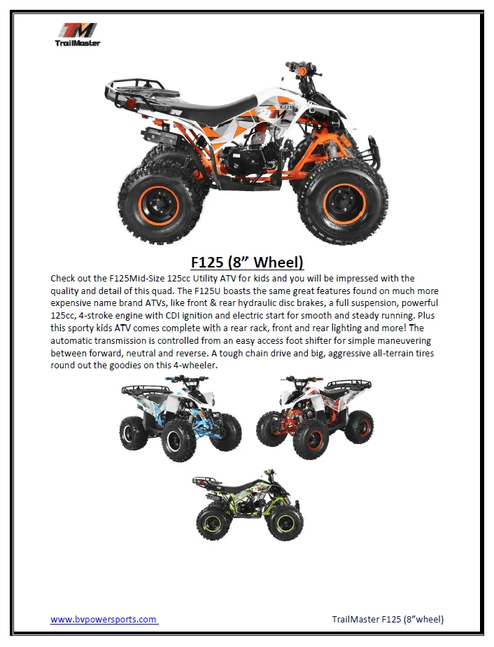 Trailmaster F125 Youth ATV, 125cc Air-Cooled Engine, Automatic with Reverse, 4-Stroke, Single Cylinder, electric start, Throttle Limiter