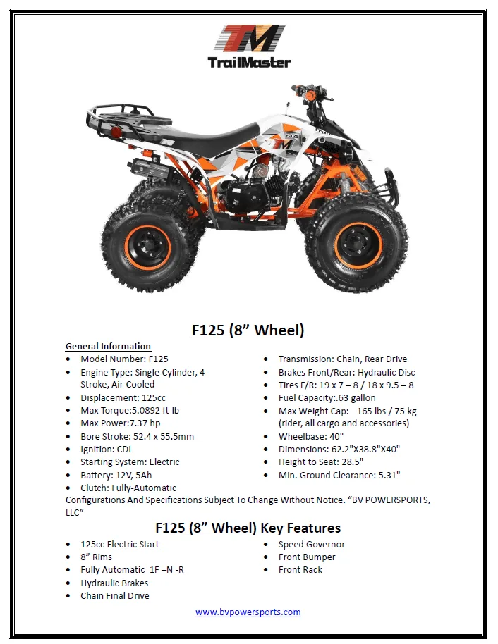 Trailmaster F125 Youth ATV, 125cc Air-Cooled Engine, Automatic with Reverse, 4-Stroke, Single Cylinder, electric start, Throttle Limiter