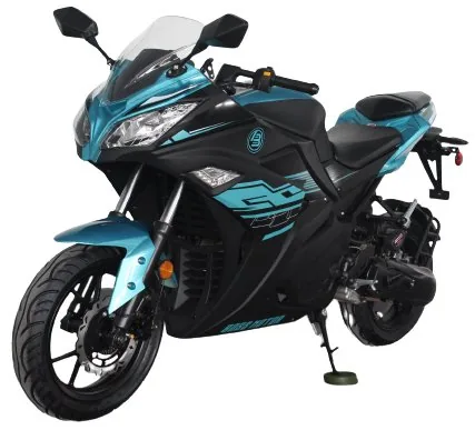 A blue and black motorcycle is parked on the ground.