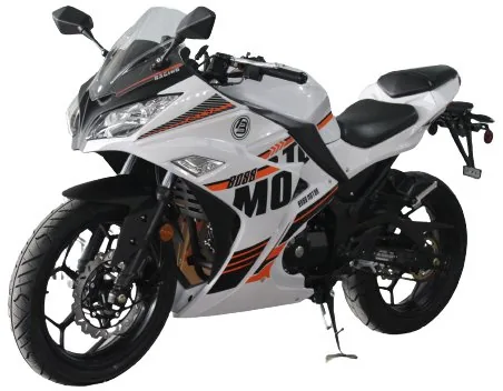 A white motorcycle with orange and black accents.