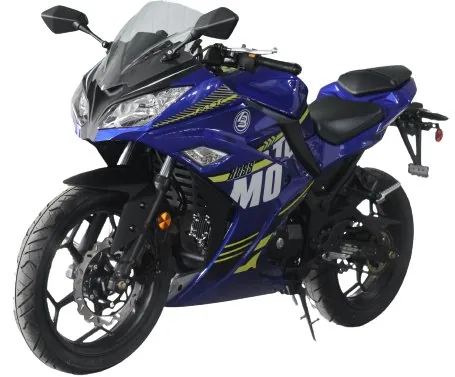 A blue motorcycle is parked on the street.
