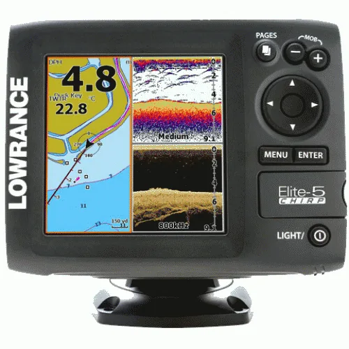 LOWRANCE 000-11652-001 ELITE-5 CHIRP FISHFINDER/CHARTPLOTTER GOLD – 83/200 AND 455/800 TRANSOM MOUNT