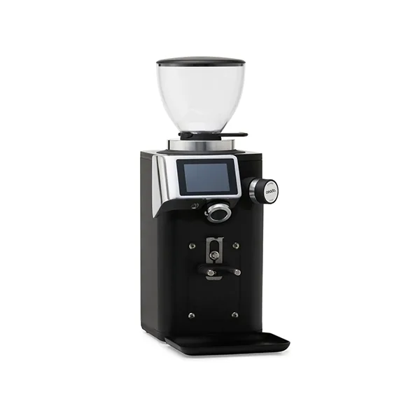 Front view of Ceado Rev Steel Espresso Grinder with digital touch screen and portafilter fork