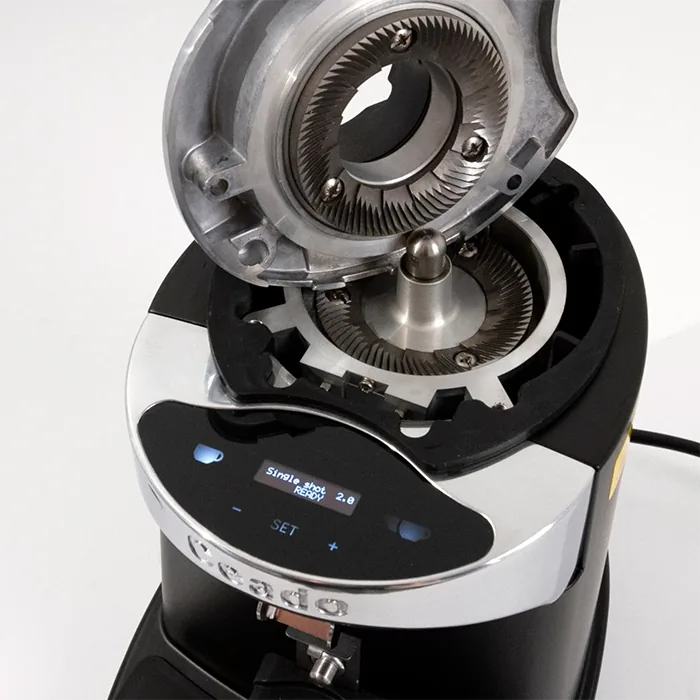Top down view into the hopper of Ceado E37S Quick Set Espresso Grinder showing safety guard