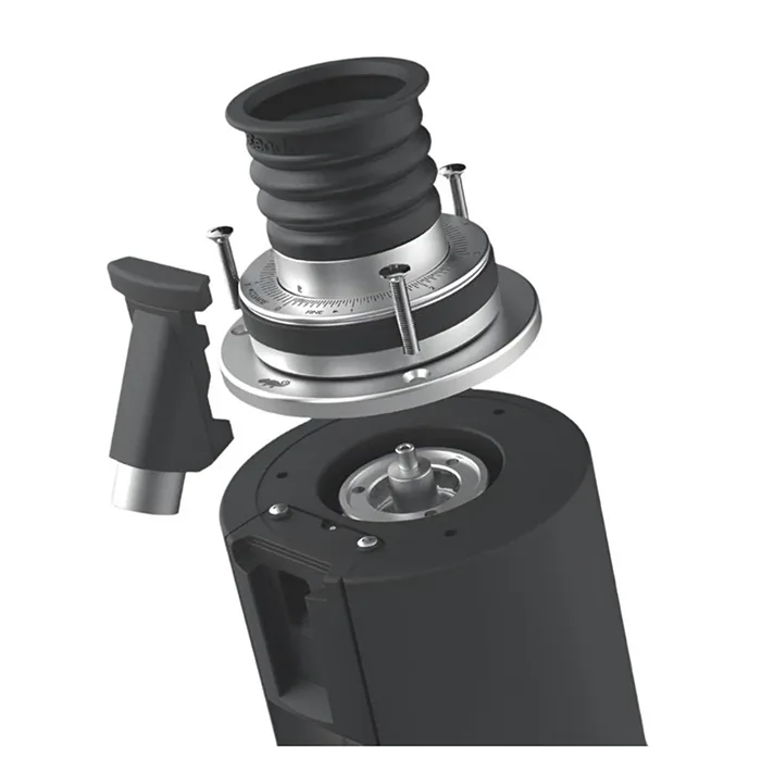 Side view of Ceado E6C Chameleon Coffee Grinder showing grind adjustment collar and chute