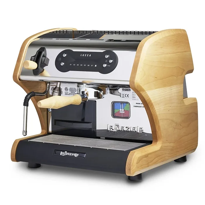 A sleek, LUCCA A53 Mini V2 Maple espresso machine, showcasing its compact size and modern design