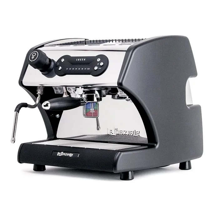 A sleek, LUCCA A53 Direct Plumb Black espresso machine, showcasing its compact size and professional design