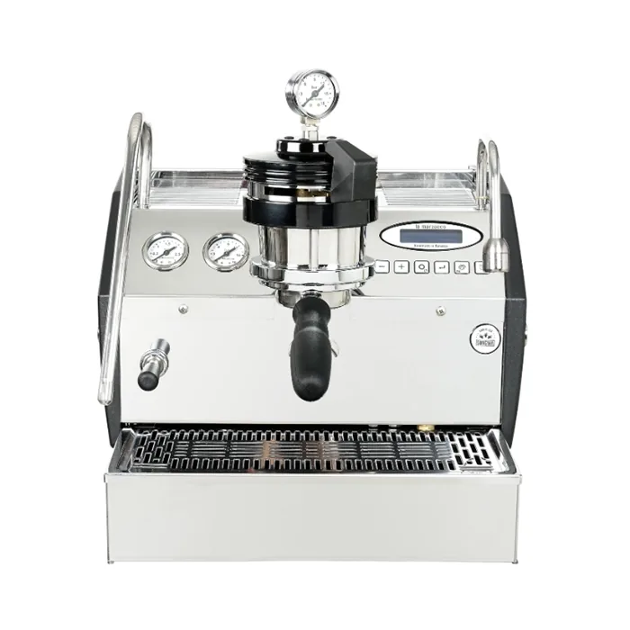 A detailed shot of the La Marzocco GS3 Manual Paddle saturated group head, showcasing its robust, commercial-grade construction