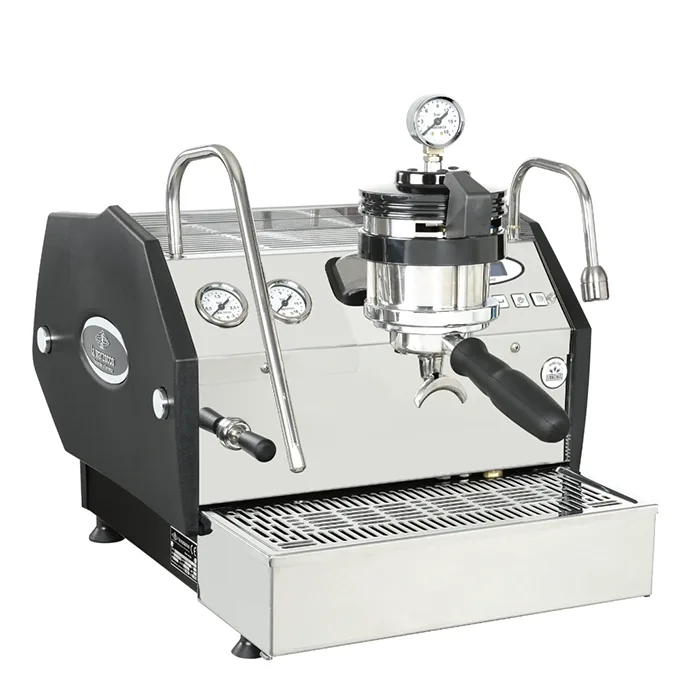 A sleek stainless steel La Marzocco GS3 Manual Paddle espresso machine, highlighting its iconic design and prominent paddle