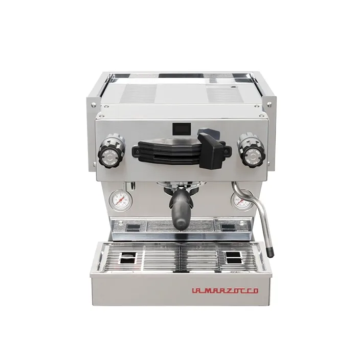 A sleek, La Marzocco Linea Mini R Stainless Steel espresso machine with its iconic design, side panels, and group head