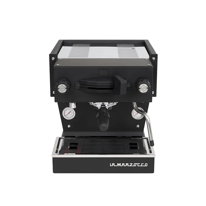 A sleek, La Marzocco Linea Mini R Black espresso machine with its iconic design, side panels, and group head