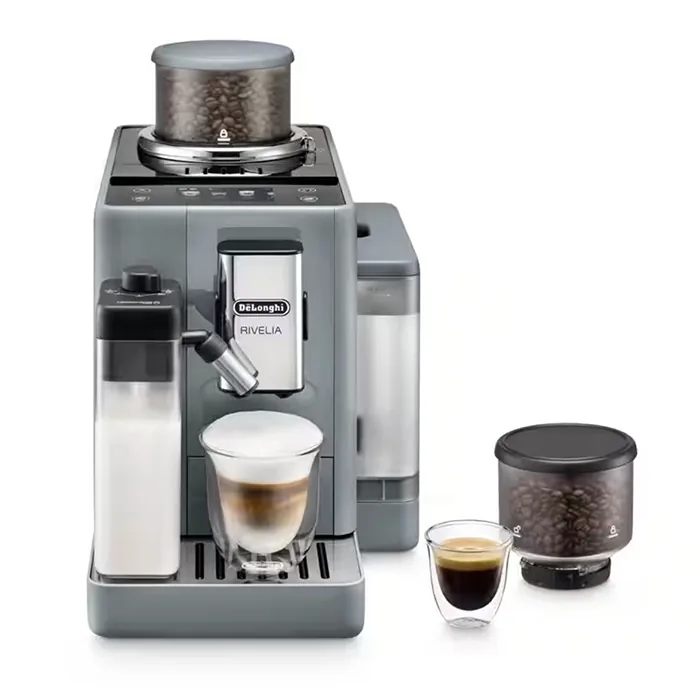 A sleek, DeLonghi Rivelia Grey automatic coffee machine on a countertop, showcasing its compact design and prominent touchscreen