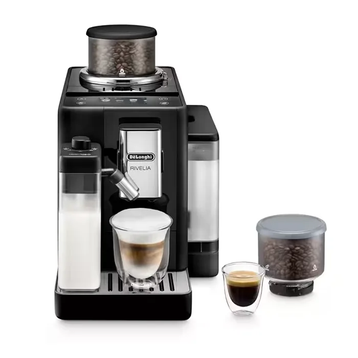 A sleek, DeLonghi Rivelia Black automatic coffee machine on a countertop, showcasing its compact design and prominent touchscreen