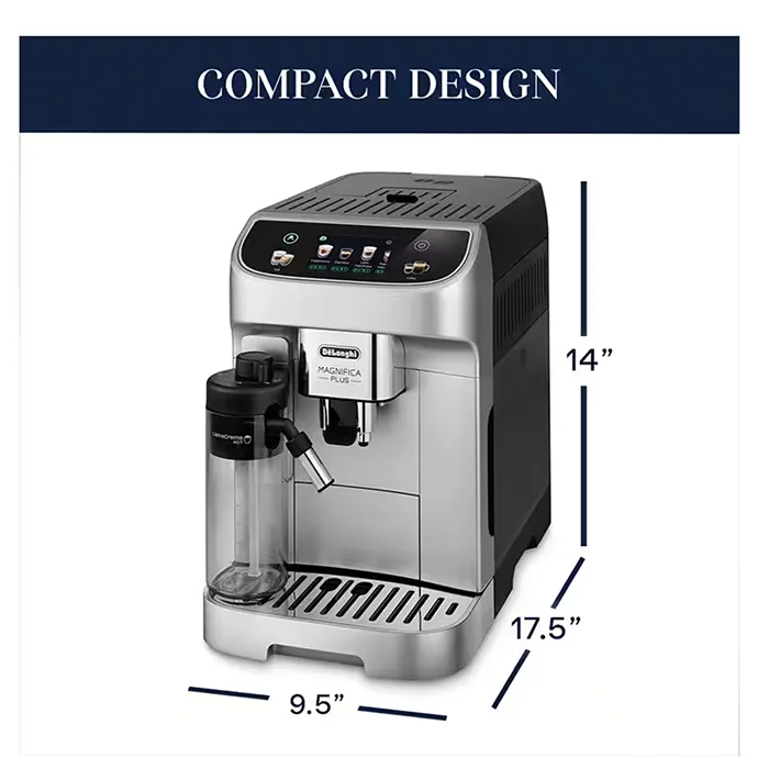 Close-up of the LatteCrema milk carafe attached to the DeLonghi Magnifica Plus, highlighting its foam adjustment