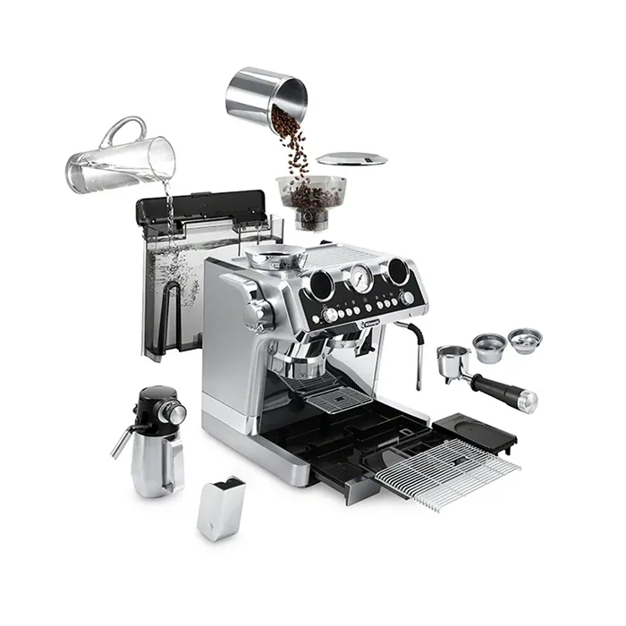 Close-up of the DeLonghi La Specialista Maestro System carafe attached to the La Specialista Maestro, ready for automatic milk frothing