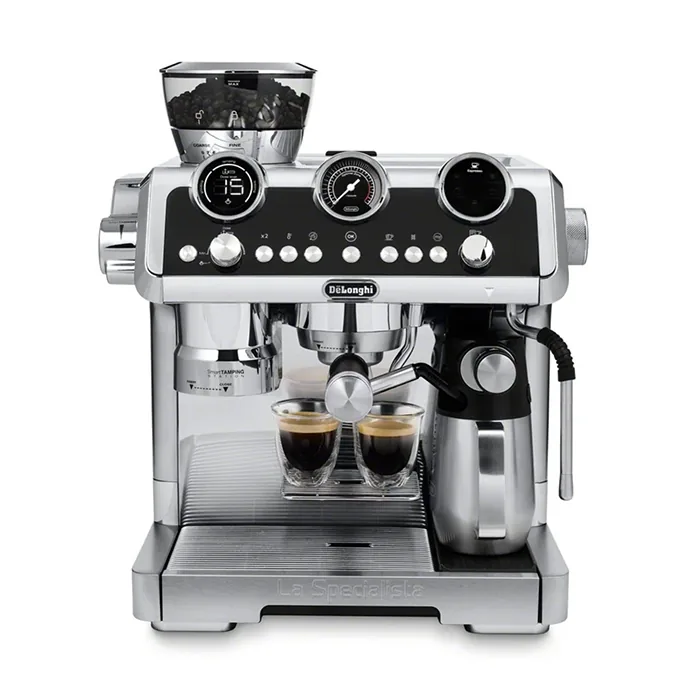 The DeLonghi La Specialista Maestro espresso machine in polished stainless steel, showcasing its built-in grinder and steam wands