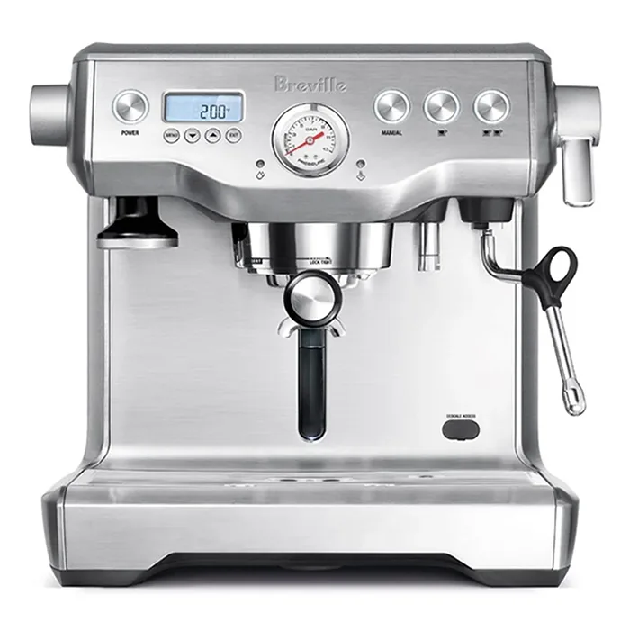 A sleek, Breville BES920XL Dual Boiler Stainless espresso machine, highlighting its dual gauges and modern design
