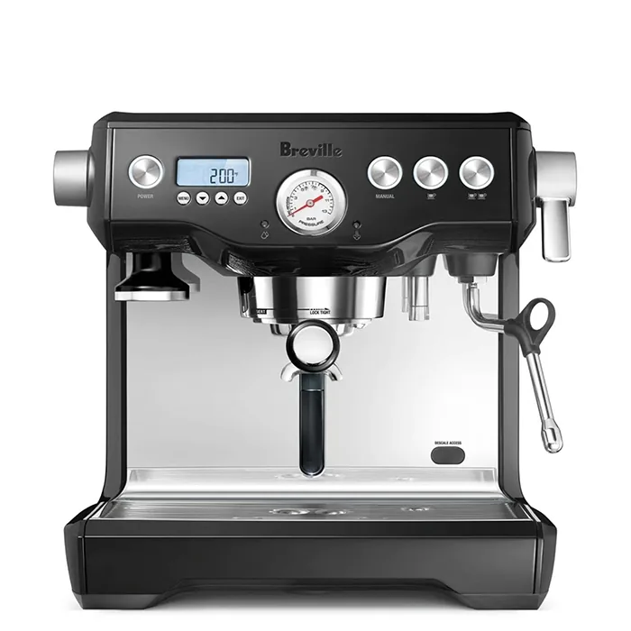 A sleek, Breville BES920XL Dual Boiler Black espresso machine, highlighting its dual gauges and modern design