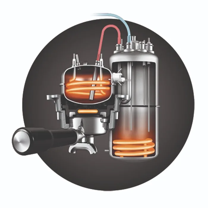 An internal view or diagram of the Breville BES920XL Dual Boiler Black, showcasing its dual stainless steel boilers