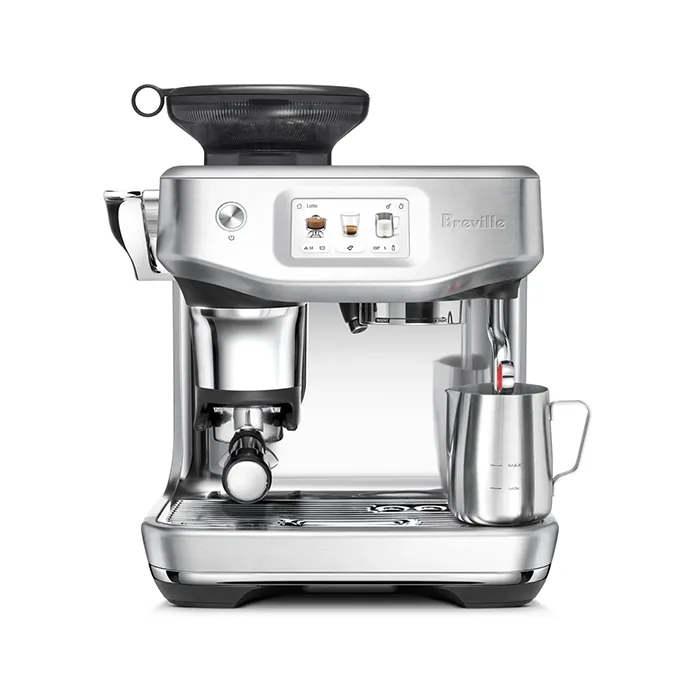 A sleek, Breville Barista Touch Impress Stainless Steel espresso machine, showcasing its prominent touchscreen display