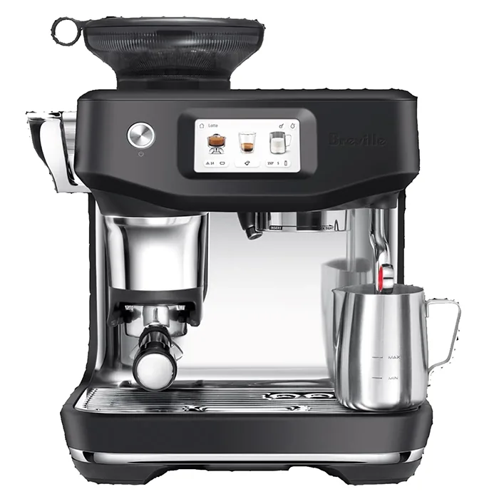 A sleek, Breville Barista Touch Impress Black espresso machine, showcasing its prominent touchscreen display