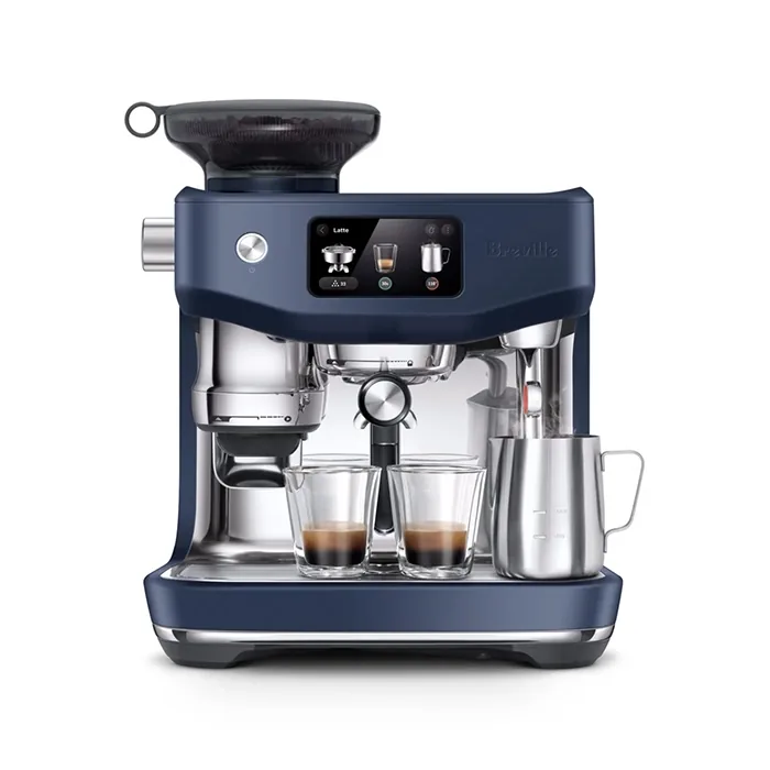 A sleek, Breville Oracle Jet Blue espresso machine, showcasing its prominent touchscreen and portafilter