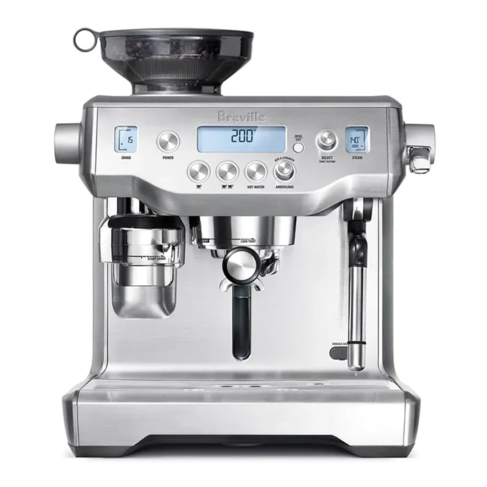 A polished stainless steel Breville BES980XL Oracle, showcasing its integrated grinder and display