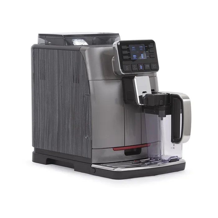 The Gaggia Cadorna Prestige Walnut with hydro-dipped panels, showcasing its full-color TFT display and integrated milk carafe