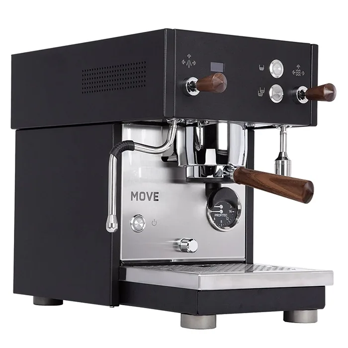 A sleek, black Espresso Machine Profitec MOVE with prominent walnut wood accents, showcasing its compact size