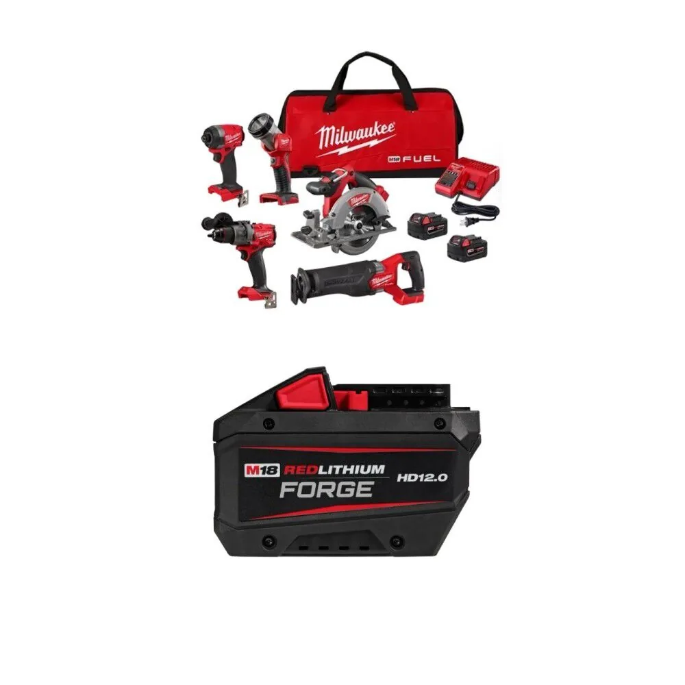 NEW Milwaukee M18 FUEL 5-Tool Combo Kit, RedLithium HD12.0 Battery Pack Bundle