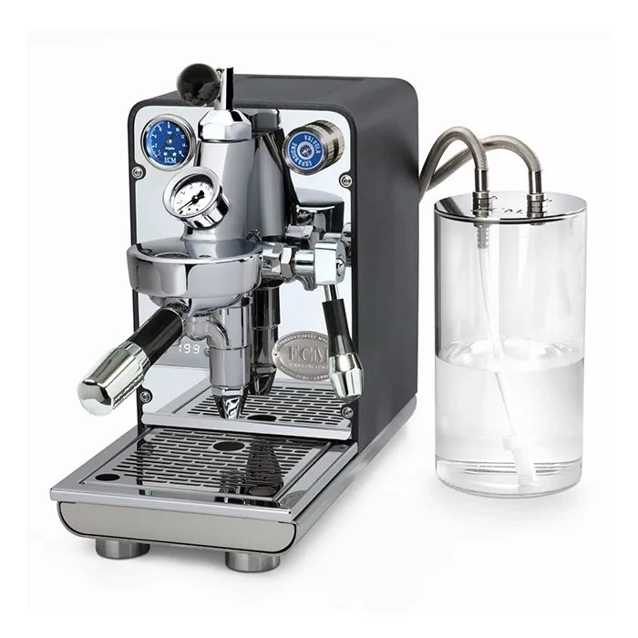 A stylish cream-colored ECM Puristika Espresso Machine Anthracite, showcasing its compact size and unique glass water tank