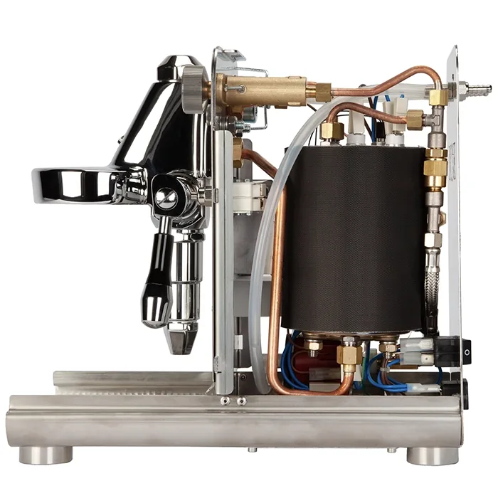A view of the ECM Puristika Espresso Machine Anthracite with its external glass water tank positioned to the side, demonstrating its flexible placement