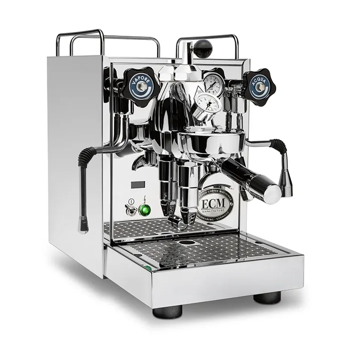 A sleek, polished stainless steel ECM Mechanika Slim PID espresso machine, showcasing its compact size and gauges