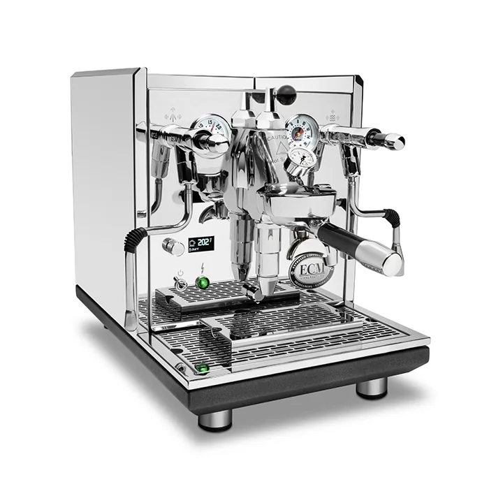 A sleek, polished stainless steel Espresso Machine ECM Synchronika II, showcasing its dual pressure gauges and E61 group head