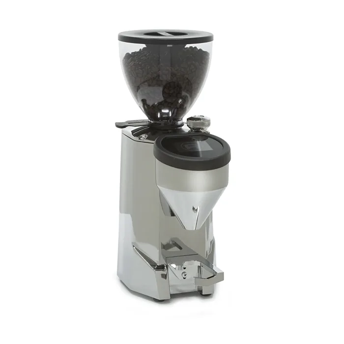 A sleek, Rocket Espresso Macinatore FAUSTO Chrome grinder showing its modern design and digital display