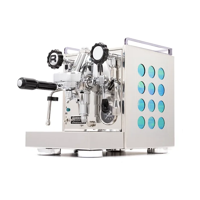 A sleek, Rocket Espresso Appartamento Iridescent with distinctive iridescent side panels, showcasing its unique color-shifting effect
