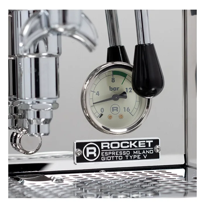 A detailed shot of the E61 group head on the Giotto Cronometro V, highlighting its robust construction