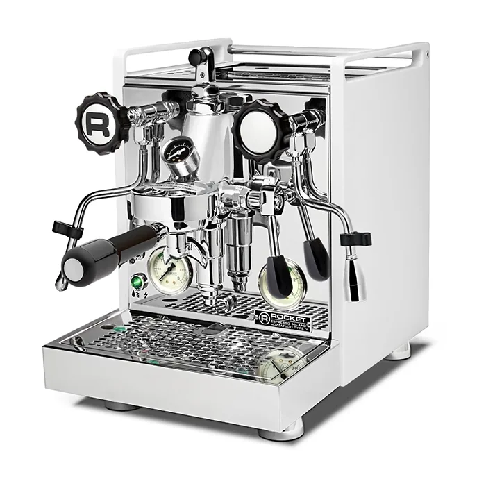 A sophisticated Rocket Espresso Mozzafiato Cronometro V White espresso machine in a striking matte black finish with traditional flat panels