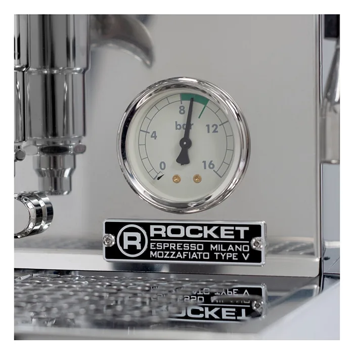Close-up of the Rocket Espresso Mozzafiato Cronometro V White hidden digital shot timer and chrome accents