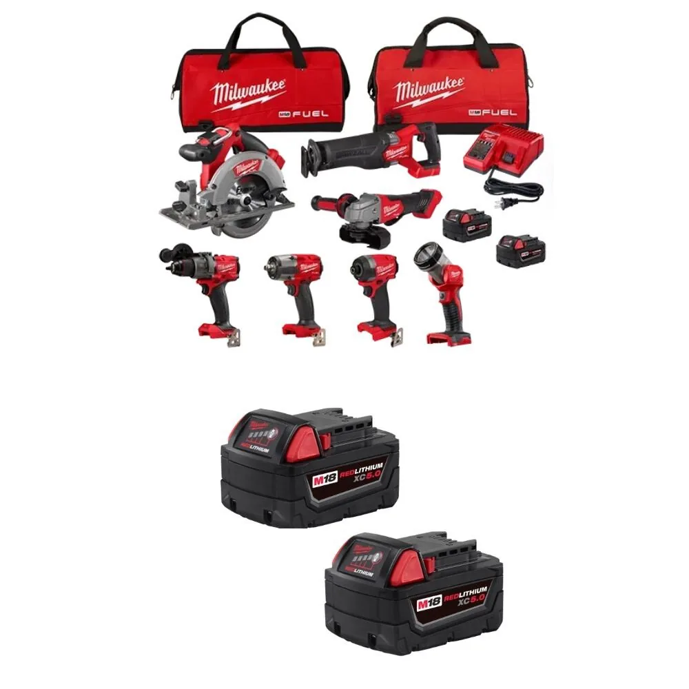 NEW Milwaukee M18 7-Tool Combo Kit, (2) REDLITHIUM XC5.0 Battery Pack Bundle