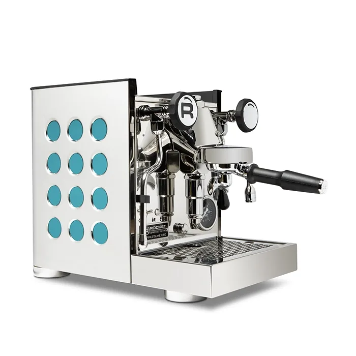 A sleek, Rocket Espresso Appartamento TCA Aquamarine, showcasing its streamlined panels and angular E61 group