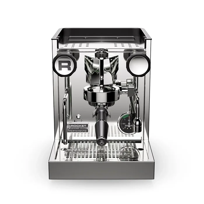 Close-up of the red LED indicator light on the Rocket Espresso Appartamento TCA Aquamarine, showing temperature setting flashes