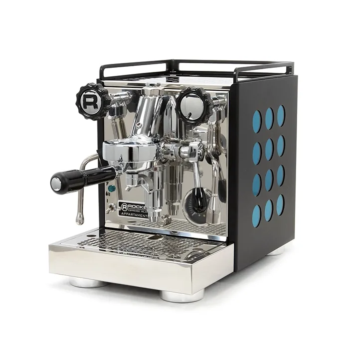 A matte black Rocket Espresso Appartamento Serie Nera Amazonite accents, highlighting its polka dot design