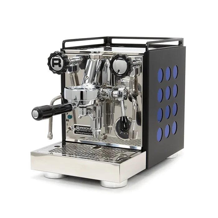 A matte black Rocket Espresso Appartamento Serie Nera Sapphire accents, highlighting its polka dot design