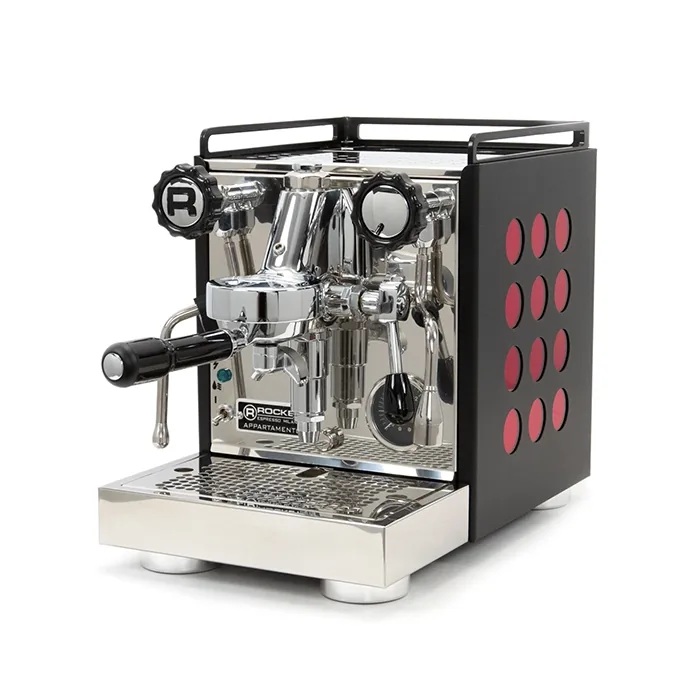 A matte black Rocket Espresso Appartamento Serie Nera Ruby accents, highlighting its polka dot design