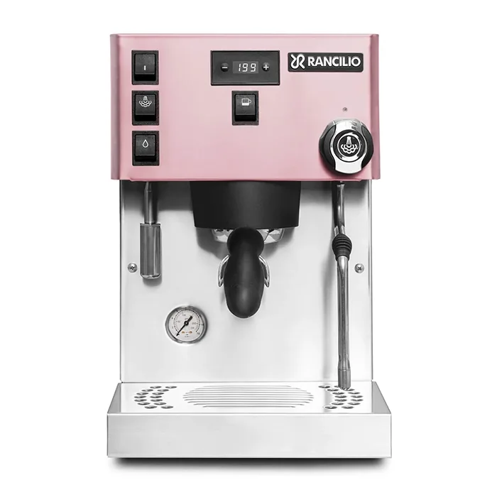 A sleek, Rancilio Silvia Pro X Espresso Machine Pink, showcasing its compact design and prominent pressure gauge