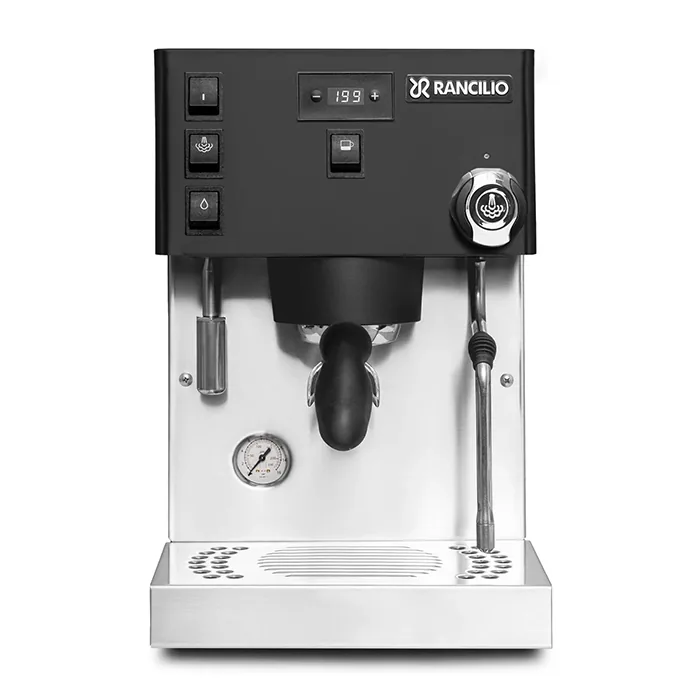 A sleek, Rancilio Silvia Pro X Espresso Machine Black, showcasing its compact design and prominent pressure gauge
