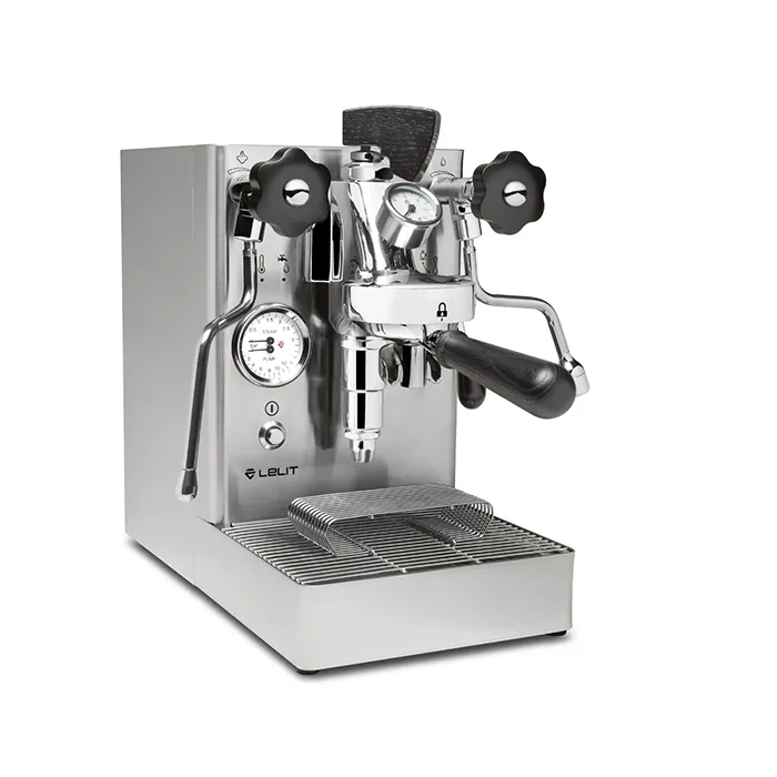 A sleek, Lelit Mara X Espresso Machine Stainless, showcasing its compact stainless steel exterior and E61 group head