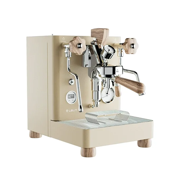 A luxurious Lelit Bianca V3 Espresso Machine Gold with distinctive Zebrano wood accents, showcasing its elegant design