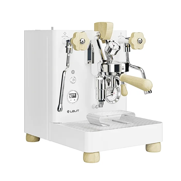 A Lelit Bianca V3 espresso machine white with maple wood accents, showcasing its elegant design